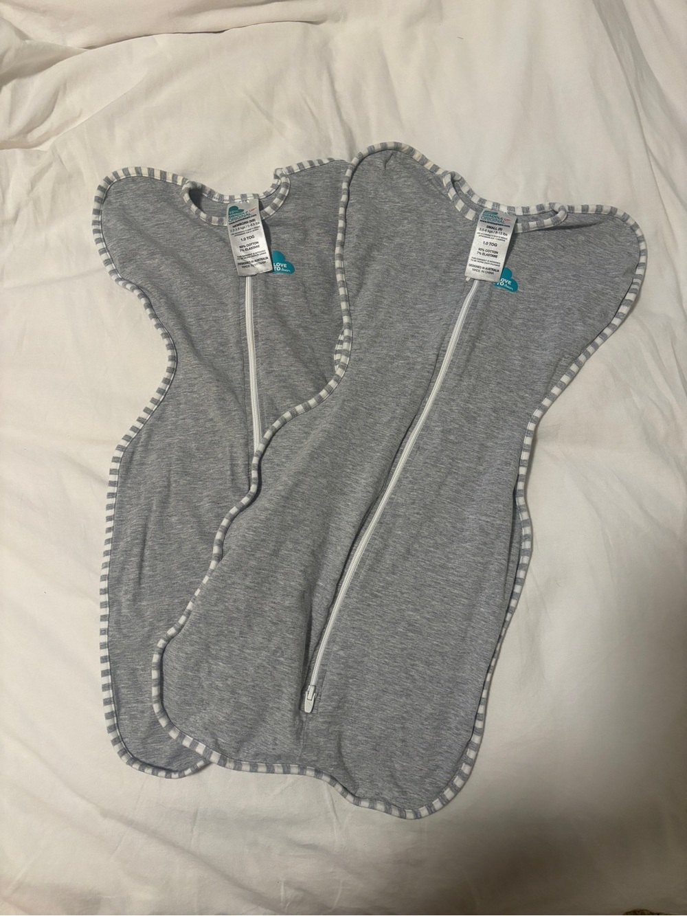 Bundle of 2 Love to Dream Gray Zip Arms Up Swaddles NB and Small